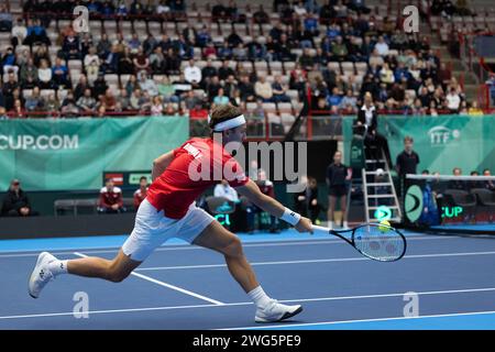 Gjovik, Norwegen. Februar 2024. Gjovik, Norwegen, 3. Februar 2024: Casper Ruud (Norwegen) in Aktion während des Davis Cup World Group 1 Play offs-Tennisspiels zwischen Norwegen und Lettland in der Gjovik Olympic Cavern Hall, Norwegen (Ane Frosaker/SPP) Credit: SPP Sport Press Photo. /Alamy Live News Stockfoto