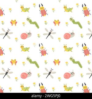 Niedlicher Zeichentrickschnecken-, Frosch- und Käfer-Hintergrund. Vektor-Illustration für Textil, Verpackungspapier, Kleidung, Tapete, Sommerposter. Niedliche tierraupen- und Schneckenfiguren auf nahtlosem Muster Stock Vektor