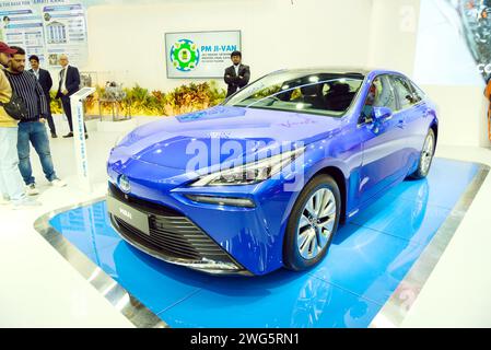 New Delhi - 1. Februar 2024: Toyota Mirai Car wird auf der Bharat Mobility Global Expo 2024 in New Delhi in Indien gezeigt. Stockfoto