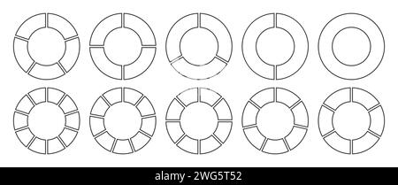 Kreis in 1-8 Teile in schwarzer Umrandung unterteilt. Hohlkreis segmentiert in 1-10 Teile Diagrammdiagramm Symbolsatz. Kreisdiagramm. Stock Vektor