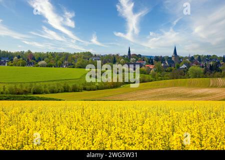 Blick auf ratingen homberg über Rapsfeld im Frühling und wolkenblauem Himmel Stockfoto