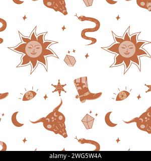 Sonne und Cowboy Stiefel Boho Hintergrund mit Kristall. Vektordarstellung isoliert. Himmlisches westliches Cowboy-mystisches Design. Stock Vektor