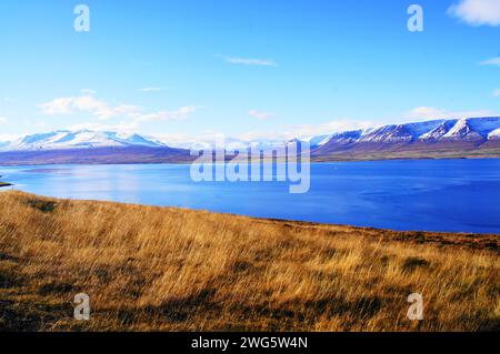 Eyjafjordur in der Nähe der Stadt Akureyri in Nordisland Stockfoto