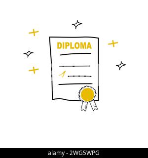 Diplom mit preisgekrönter Rosette im Doodle-Stil. Handgezeichnetes Abschlusszeugnis. Stock Vektor