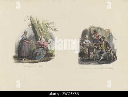 CLASTERS OF FRIESLAND and KATWIJK, CA. 1850, 1840 – 1870 drucken zwei Frauen in friesischer Tracht und eine Fischerfamilie aus Katwijk-on-Zee. Teil einer Serie von vier Magazinen, jeweils mit zwei Darbietungen niederländischer regionaler und lokaler Kostüme, um 1850. Niederlande Papier Lack Volkstracht, regionale Tracht Friesland. Katwijk aan Zee Stockfoto