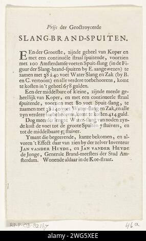 Zwei Preislisten der Schlauchfeuerspritzen, ca. 1700, 1700 - 1750 Textblatt Klappblatt mit zwei Preislisten der Schlauchfeuerspritzen. Vorderseite: Preise der Schlauchfeuerspritzen, die von Jan van der Heyden und Jan van der Heyden (de Jonge) in Amsterdam, ca. 1700. Nächtliche Preise der Schlauchfeuerspritzen, die von den Witwen Pieter Alménum und Wybrand Alménum in Amsterdam, CA. 1750 ist einer der Incentives im Feuersprühbuch von Jan van der Heyden. Amsterdam Papier Buchdruck Feuerlöschausrüstung Amsterdam Stockfoto