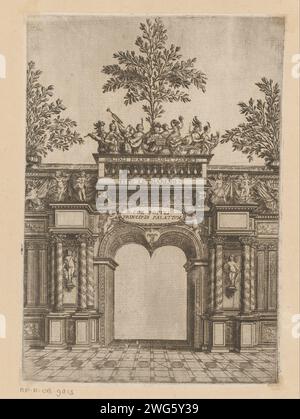 Triumphbogen mit Musikern, Sébastien Leclerc (I), nach Claude Deruet, in oder vor 1664 Druck Triumphbogen gekrönt mit Musikern auf einem Balkon. Die Passage wird von acht Säulen, zwei Putti-Statuen und vier korinthischen Pilastern flankiert. Über den Säulen befinden sich Musiker-Put. Papierätzung Triumphbogen. Mehr als ein Musiker mit Instrument Nancy Stockfoto