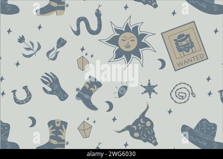 Handgezeichneter westlicher Boho-Hintergrund mit Cowboy-Elementen. Vektorillustration mit magischen und westlichen Elementen. Kann für Textilien, Geschenkpapier, Poster verwendet werden. Stock Vektor