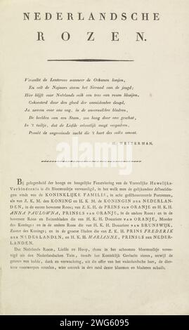 Erläuterung zum Druck mit den Rosen mit den Silhouetten der königlichen Familie, 1816, Marten Westerman, 1816 Textblatt Textblatt mit einem Gedicht und die Erklärung zur Darstellung des Druckes mit dem Rosenstrauß, in dem die Silhouetten der königlichen Familie eingearbeitet sind. Nach der Heirat des Prinzen von Orange und Anna Paulowna in Sankt Petersburg am 21. Februar 1816. Oben dieselbe achteckige Verse wie auf dem Ausdruck. Amsterdam Papier Buchdruck Blumen: Rose Stockfoto