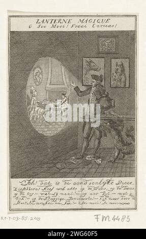 Cartoon über R. M. van Goens, CA. 1782-1784, Anonym, 1782 - 1784 Print Cartoon auf Rijklof Michael van Goens, CA. 1782-1784. Ein Savoyaard zeigt eine Darstellung von R.M mit einer magischen Laterne. Van Goens, der Ölkuchen am Kamin backt, mit ihm, mit einem aufgehängten Rock, seiner vermeintlichen Geliebten Miss Ten Bosch mit dem Pamphlet Political Discourse. Der Savoyaard versucht die Waffen Amsterdams und den Prinzen unter seinen Füßen. Mit fünfzeiliger Beschriftung in Koeterwalls. Nordholländische Papierätzung / Gravur Leistung in Zelten (Vergnügungsmesse). Kinematographische Apparate Stockfoto