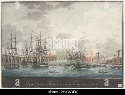 Gezigt der Batterijen für Palembang nach der Verletzung am Nachmittag - 12 Uhr. Am 24. Am 1821. Juli 1828 wurden die Küstenbatterien am Fluss Palembang auf Sumatra von niederländischen Kriegsschiffen unter dem Kommando von General H.M. de Kock während der zweiten Expedition nach Palembang am 24. Juni 1821 beschossen. Verschiedene niederländische Kriegsschiffe ankern, ein gekentertes Schiff in der Mitte. Papierschreiber / Pinsel Beschuss  Belagerung (+ Segelschiffe) Palembang Stockfoto