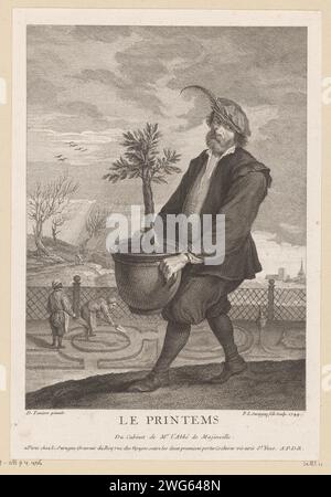 De Lente, Pierre Louis Surugue, nach David Teniers (II), 1749 gedruckte Personifikation des Frühlings als Mann mit einem Baum in einem Topf, mit Männern im Garten im Hintergrund. Druckerei: Parispublisher: ParisFrance Papierätzung / Gravur Frühling, 'Ver'; 'Primavera' (Ripa) (+ mit Szenen, die menschliche Berufe zeigen  Jahreszeiten und Monate) Stockfoto