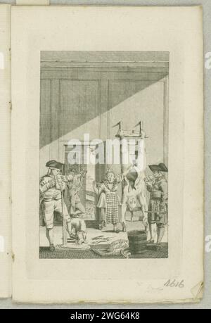 Patriotsche Slagttyd, 1784, 1784 Druck der Herzog von Brunswijk hängt kopfüber auf einer Leiter wie ein geschlachtetes Schwein. Ein Patriot quetscht die Blase, aus der Wein auf den Boden läuft, ein Hund (der Prinz) leckt die Flüssigkeit. Rechts ein Patriot mit dem Herzen des Herzogs in der Hand. Kaat Mossel zeigt schockiert auf den Kadaver, wo die Genitalien des Mannes fehlen. Bild im Pamphlet Patriotsche Slagttyd, 1784. Druckerei: Netherlandspublisher: Amsterdam Papierätzung / Gravur geschlachteter Ochsen oder Schweine Stockfoto