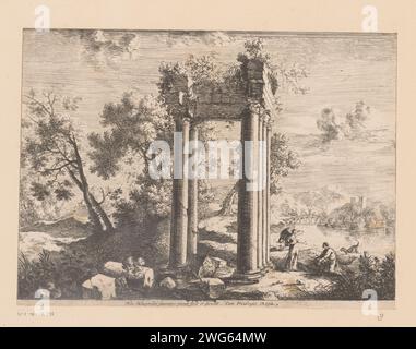 Tobias zeigt Rafaël de Vis in einer Landschaft mit Ruinen, Henri Mauperché, 1612 - 1686 Druck Paris Papier ätzt Tobias fängt die Fische und zieht sie an Land. Landschaft mit Ruinen Stockfoto