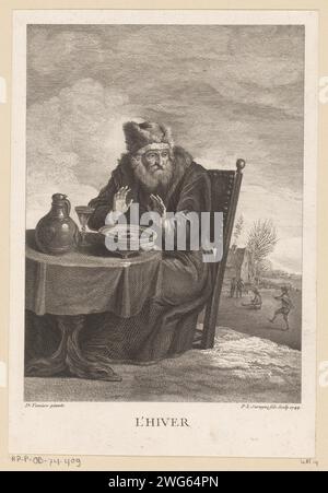 De Winter, Pierre Louis Surugue, nach David Teniers (II), 1749 gedruckte Personifikation des Winters als alter Mann, der seine Hände auf seinem Essen wärmt, mit einer Landschaft mit Eislauffahrern im Hintergrund. Paris Papiergravur Winter, 'Hyems'; 'Inverno' (Ripa) (+ mit Szenen, die menschliche Berufe zeigen  Jahreszeiten und Monate) Stockfoto
