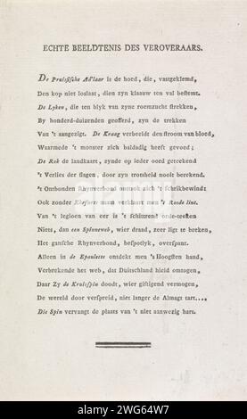 Fresh at the Cartoon on Napoleon, 1813, Anonym, 1813 Textblatt Textblatt mit einem Vers, in dem die Deklaration des Cartoons über Napoleon von 1813 mit seinem Gesicht aus den Leichen seiner Opfer besteht. Niederlande Papier Buchdruck politische Karikaturen und Satiren Stockfoto