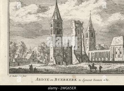 Ansicht der Abtei und der Buurkerk in Egmond-Binnen, 1680, Abraham Rademaker, 1727–1733 drucken die Ruine der Abtei und die Buurkerk in Egmond-Binnen, von Südosten gesehen in der Situation um 1680. Im Vordergrund ein Reiter, ein Hund und einige Figuren. Amsterdamer Papierätzpferd. Hund. Ruine der Kirche, des Klosters usw. Egmond-Bin Stockfoto