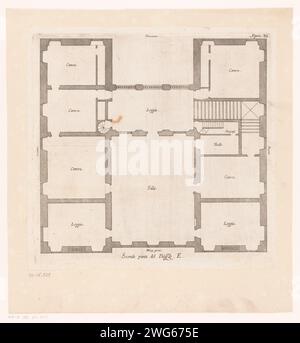 Karte der ersten Etage der Villa Pallavicino delle Peschiere in Genua, Nicolaes Ryckmans, 1622 Druck mit italienischer Erklärung. Antwerpen Papier Gravur Plan  Architektur. Hôtel, d. h. kleiner Palast in der Stadt - AA - bürgerliche Architektur: In der Villa Pallavicino delle Peschiere Stockfoto