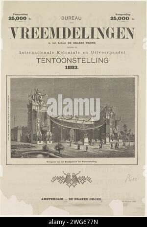 Ausländerbüro im örtlichen de Brakke Grond, während der internationalen Ausstellung für Kolonial- und Outputhandel Mai 1883, 1882 Druckblatt mit einem Gesicht auf dem Eingangsgebäude der Weltausstellung (internationale Ausstellung für Kolonial- und Outputhandel) auf dem Museumplein in Amsterdam, vom 1. Mai bis 1. Oktober 1883. Mit Werbung auf der Rückseite bedruckt. Werbung für das Ausländeramt im Brakke Grond Lokaal. Amsterdam Papier Weltmesse, Weltmesse Amsterdam. Museumsplatz Stockfoto