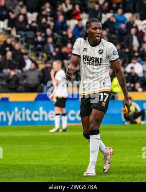 RUMPF, GROSSBRITANNIEN. Februar 2024. EFL Championship Football League: Hull City AFC gegen Millwall FC. Brooke Norton-Cuffy von Millwall FC. Paul Whitehurst/Alamy Live News Stockfoto