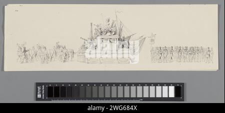 Historisch kostümierte Prozession in Amsterdam zum 25-jährigen Jubiläum von König Wilhelm III. 1874 (Platte 20), 1874 Druckplatte Nr. 20 mit dem Teil der Parade mit einem Wagen mit einer allegorischen Darstellung von Handel, Industrie, schönen Künsten und Wissenschaften, gefolgt von den Mitgliedern des Friendship College. Teil einer Serie von 24 Platten der kostümierten historischen und allegorischen Parade, die am 12. Mai 1874 in Amsterdam stattfand, als Teil der Festlichkeiten während des 25-jährigen Jubiläums von König Wilhelm III. Druckerei: Netherlandspublisher: AmsterdamVerlag: Amsterdamprinter: A Stockfoto