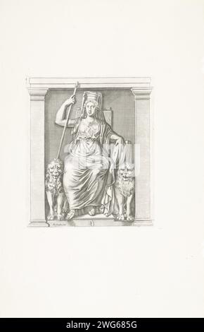 BAS-Relief von Cybele, Reinier van Persijn, nach Nicolò Lorenese, 1640 Druck römisches Bassrelief von Cybele, der asiatischen Muttergöttin, mit einer Krone in Form einer Wand und begleitet von zwei Löwen. In der Mitte des Wappens von Vincenzo Giustiniani. Druck aus einer Publikation mit Reproduktionsdrucken zu den Skulpturen der Sammlung in der Galleria Giustiniani in Rom. Rom Papierstich Skulptur, Reproduktion einer Skulptur. (Geschichte von) Cybele, Rhea Cybele, große Mutter der Götter (Berecynt(h)ia) Stockfoto