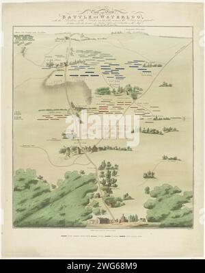 Karte und Ansicht der Schlacht von Waterloo, Samuel John Neele, 1815 drucken Plan des Schlachtfeldes der Slag bei Waterloo am 18. Juni 1815. Am Fuße des Dorfes Waterloo, an der Spitze der französischen Truppen und Napoleons Aussichtspunkt. Die Truppen zeigten in verschiedenen Farben an. Druckerei: Englandpublisher: London Paper Radiching Battle (+ Landstreitkräfte). Battle Arrays Waterloo Stockfoto