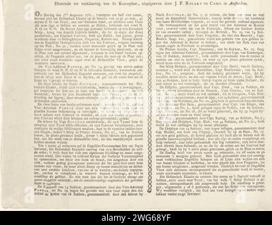 Textblatt mit dem Druck mit der Karte mit Kampfbefehlen der niederländischen und englischen Schiffe bei der Seeschlacht bei Doggersbank, 1781, Rosart & Compp. J.F., 1781 Textblatt Textblatt zum Druck mit der Karte mit den Kampfbefehlen der niederländischen und englischen Schiffe während der Seeschlacht bei Doggersbank am 5. August 1781. Beschreibung der Ereignisse auf Niederländisch in zwei Spalten. Amsterdam Papier Buchdruck Stockfoto