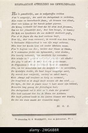 Fresh at the Cartoon on Napoleon, 1813, Unknown, 1813 Textblatt Textblatt mit einem Vers, in dem die Deklaration des Cartoons über Napoleon von 1813 mit seinem Gesicht aus den Leichen seiner Opfer besteht. Niederlandspublisher: Amsterdamer Buchdruck politischer Karikaturen und Satiren Stockfoto