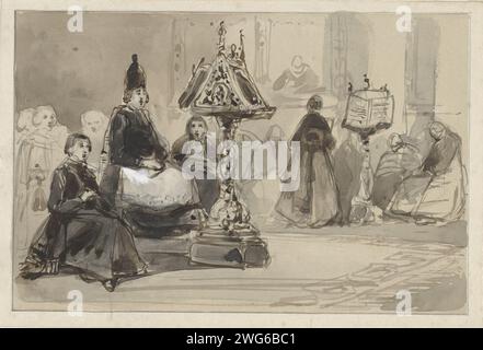 Kircheneinrichtung mit singendem Bischof und Nonnen, Johannes Bosboom, 1827–1891 Zeichenpapier. Bleistift. Deck Pinsel Erzbischof, Bischof usw. (Römisch-Katholisch). Singen (in der Kirche) Stockfoto