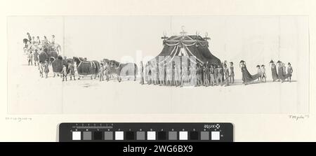 Beerdigung des verstorbenen Königs Willem II. In Delft am 4. April 1849 (Seite 4), 1849 drucken die Beerdigung des verstorbenen Königs Willem II. In Delft am 4. April 1849. Viertes Blatt (Variante) in einer Serie von fünf zusammenhängenden Magazinen. Auf dieser Zeitschrift der Teil der Trauerprozession mit dem Leichenwagen und den Buchstaben JJ-LL. Druckerei: Netherlandspublisher: Haarlem Papierkortege, Beerdigungsprozession. Leichenwagen, Beerdigungswagen Delft Stockfoto