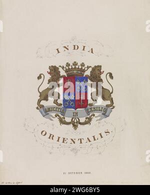 Wappen der Regionalgruppe India Orientalis, 1860, 1860 gedruckt die Waffe der Regionalgruppe India Orientalis, gegründet von Studenten der ehemaligen Kolonie Niederländisch-Ostindien an der Universität Leiden, 21. Oktober 1860. Teil der Leiden Studentenvereinigung Minerva. Leiden Papierbrüderlichkeit (Studenten). Wappenlager, Heraldik Leiden Stockfoto