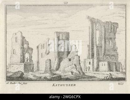 Ansicht der Ruine des Kartäuserklosters bei Delft, 1573, Abraham Rademaker, 1727 - 1733 Drucken Ansicht der Ruinen des Kartäuserklosters „Sint-Bartholomeus in Jerusalem“ 1572 bei Delft, in der Lage um 1573. Im Vordergrund stehen Figuren und ein Hund. Amsterdamer Papiergravur der Kirche, des Klosters usw. Hunde-Kartäuserkloster „Sint-Bartholomeus in Jerusalem“ Stockfoto