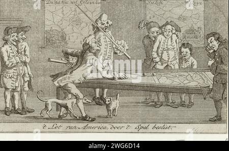 Cartoon über das Schicksal Amerikas entscheidet in einem Billardspiel, 1782-1783, Anonym, 1782-1783 Print Cartoon, in dem das Schicksal der Vereinigten Staaten durch ein Billardspiel zwischen zwei Männern (europäischen Prinzen), ca. 1782. Auf den Wandkarten Nord- und Südamerikas. Nordniederländische Papierätzung / Gravur politische Karikaturen und Satiren. Billard Stockfoto
