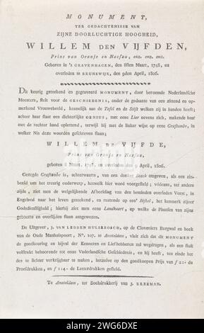 Druckerklärung mit dem allegorischen Grabdenkmal für Prinz Willem V., 1806, J. Breeman, 1806 Textblatt Erklärung zum Druck mit dem allegorischen Grabdenkmal für Prinz Willem V., gestorben am 9. April 1806. Gedrucktes Textblatt mit einer Erläuterung der Ausstellung und der Preise für verschiedene Drucke beim Verlag von Ledden Hulsebosch. Amsterdam Papier Buchdruck Stockfoto