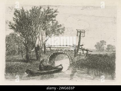 Stenen Brug, Hermanus Jan Hendrik Rijkelijkhuizen, 1823 - 1883 Print Ansicht einer flachen Landschaft mit einer Steinbrücke mit einem Fischer im Boot. Neben der Brücke zwei pollard Weiden und ein Teller. Utrecht-Papier. Ätzen/Trockenspitzen Ruderboot, Kanu usw. fischer. Bäume: weide. Brücke. brook Stockfoto