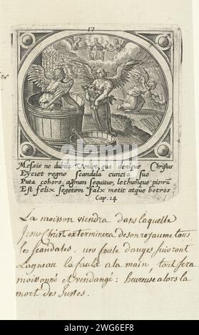 Weinlese mit Sichel und Weinpresse, Adriaen Collaert (zugeschrieben), nach Jan Snellinck (I), drucken 1585 vier Engel ernten Trauben und Getreide mit Sichel und werfen Trauben in einer Weinpresse. In den Wolken eine gekrönte Figur mit Sichel in der Hand, auf einem Thron sitzend, flankiert von zwei Engeln. Am Rand eine vierzeilige Unterschrift in lateinischer Sprache. Siebzehnte Auflage aus einer Serie von 24 mit der Offenbarung von Johannes auf Patmos. Antwerpener Papier, in dem ein Engel graviert ist, stößt seine Sichel in die Erde und sammelt die Weinrebe Stockfoto