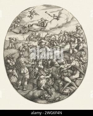 Oval mit den olympischen Göttern in den Wolken, 1608 Druck von links nach rechts: Mars, Juno und Jupiter, Bacchus und Diana. An der Spitze der musikalischen Putti. Blatt aus Serie, bestehend aus einer Titelseite und 11 Blättern mit Mustern für Uhrendeckel. Amsterdam (möglicherweise) Papier, in dem die olympischen Götter zusammen graviert sind: Jupiter, Juno, Neptun, Ceres, Apollo, Diana, Mars, Venus, Quecksilber, Minerva, Vulkan, Vesta (oder Bacchus). Mehr als ein Musiker mit Instrument Stockfoto