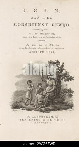 Kinder und eine Frau in einer Landschaft, Willem van Senus, nach Gerrit Jan Michaëlis, 1822 drucken Eine Frau ist in einer Landschaft und zeigt in den Himmel, während sie von drei Kindern umgeben ist. Eines der Kinder hat die Hände gefaltet. Amsterdamer Papier ätzt Zeigefinger nach oben. Wohltätigkeit, Caritas; CaritÃ (Ripa)  eine der drei theologischen Tugenden Stockfoto