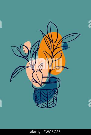 Ficus Gummi Elastica Belize, Tineke. Exotische Pflanze im Topf. Häusliche Blumenzucht, Hauspflanzen, Hobby. Botanische Vektor-Illustration in handgezeichnetem Stil Stock Vektor