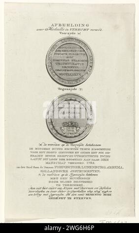 Menning über die Anerkennung der drei Kommissare des Burgerkorpsen in Utrecht durch Bürgermeister und VRO Gereedschap, 1785, Anonym, 1785 Druckschrift Penning über die Anerkennung der drei Kommissare (Perponcpher, Lunenburg und Abbema) des Burgerkorpsen in Utrecht durch den Bürgermeister und VRO Gereedschap, 2. August 1785. Auf der Vorder- und Rückseite der Medaille mit einer Deklaration der Inschriften. Nordholländische Papier-Ätz-/Gravurmedaille (gilt als Skulptur, unabhängig von seiner spezifischen Funktion) Utrecht Stockfoto