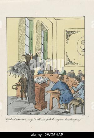 Der Teufel lehrt, 1828-1830, Anonym, 1830 drucken Ein Teufel mit Maske und Kleid eines spirituellen Lehren eine Gruppe von Schülern. Teil einer Gruppe von vier Karikaturen über die belgischen Petitionen für die Freiheit der Bildung, die Druckerei und die Verantwortung der Minister, 1828-1830. Niederlande Papier schulische Bildung, Unterricht. Teufel und Dämonen im Süden der Niederlande Stockfoto