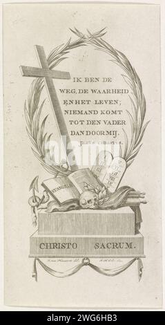 Allegorie der Christo-Sacrum-Gesellschaft in Delft, CA. 1800, Jacob Hendrik Onderdewijngaart Canzius, nach Isaac van Haasterert, 1799–1801 Druckschrift Allegory der Religionsgesellschaft Christo Sacrum in Delft, CA. 1800. Oval von Palmzweigen mit Kreuz, Evangelium, Legislativ und Schädel. In den Palmenzweigen ist die sechszeilige Inschrift „I am the Way ...“ enthalten. Niederlande Papiergravur Stockfoto