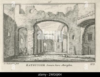 Blick auf die Ruine des Innern des Kartäuserklosters bei Delft, 1573, Abraham Rademaker, 1727 - 1733 Print Ansicht eines Teils des Innern der Ruine des Kartuizerklosters 'Sint-Bartholomeus in Jerusalem' 1572 bei Delft, in der Lage um 1573. Im Vordergrund einige Figuren. Amsterdamer Papiergravur der Kirche, des Klosters usw. Kartäuserkloster „Sint-Bartholomeus in Jerusalem“ Stockfoto