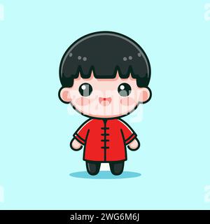 Niedliche Boy-Zeichentrickfiguren im chinesischen Neujahrsfest in traditioneller Kleidung Stock Vektor