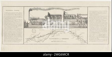 Plan für eine Bahnstrecke zwischen Amsterdam und Köln, 1834, 1834 Drucken Plan für den Bau einer Bahnstrecke zwischen Amsterdam und Köln durch Oberstleutnant William Archibald Bake (mit A. Willink und D. Borski), 21. August 1834. Oben auf dem Bild einer primitiven Dampflokomotive mit zwei Personenwagen und einem Viehwagen. Darunter eine Fahrkarte des Verlaufs der geplanten Bahnstrecke. Diese Kopie mit den entsprechenden Texten auf beiden Seiten. Niederlande Papierbahn, Zug (+ Antrieb von Fahrzeug, Schiff usw. durch Dampf) Amsterdam. Köln Stockfoto