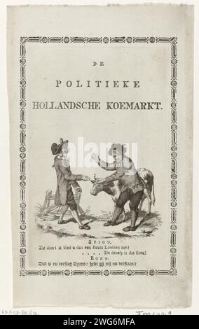 Titelseite für: Johannes le Francq van Berkhey, der politische Hollandsche Koemarkt, 1787, Anonym, nach Johannes le Francq van Berkhey, 1787 drucken Titelseite für: Johannes le Francq van Berkhey, der politische Hollandsche Koemarkt, 1787. Ein französischer Spion kauft von einem altmodischen niederländischen Bauern im Handlag de Hollandse Koe. Unter werden einige Textzeilen angezeigt. Ganz am Rande von Philets. Druckerei: Nord-Niederlande nach Zeichnung von: Leiden Papierätzung / Gravur / Buchdruck Tauschhandel. Kuh Stockfoto