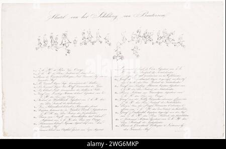 Schlüssel auf Druck der Schlacht von Boutersem, 1831, 1831 - 1832 Druck Schlüssel zum Prinzen von Orange in der Schlacht von Boutersem, 12. August 1831. Die Namen der in zwei Spalten mit den Nummern 1-23. Druckerei: Frankreich (möglicherweise) Drucker: Paris Papier kämpfende Pferde Boutersem Stockfoto