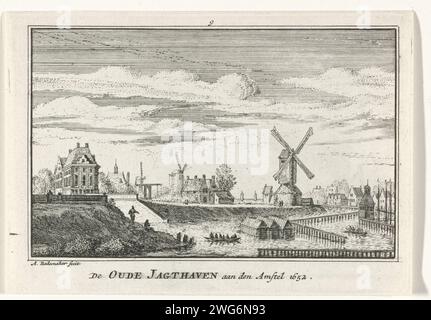 Ansicht des alten Jachthafens in Amsterdam, 1652, Abraham Rademaker, 1727 - 1733 Print Ansicht des alten Jachthafens auf der Amstel am Blauwbrug in Amsterdam, in der Situation um 1652. Links im Hintergrund der zweite Sint-Antoniepoort. Amsterdamer Hafen für Papierätzung/Gravur. Stadttor. Windmühle Amstel (Fluss). Blauwbrug. Zweiter Sint-Antoniepoort Stockfoto