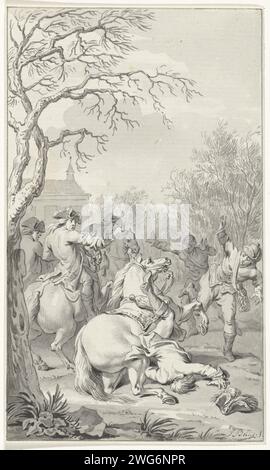 Tödlicher Fall von Willem III. Von seinem Pferd, 4. März 1702, Jacobus Buys, 1792–1794 mit dem tödlichen Fall von König Wilhelm III. Während einer Jagdparty am 4. März 1702. Der König fällt von seinem Pferd, mit schockierten Zuschauern. Design für einen Druck. Papier aus den nördlichen Niederlanden. Tintenstift / Pinsel Tod durch Unfall (gewaltfreier Tod). Sterben an den Folgen eines Sturzes. Jagdunfälle England Stockfoto